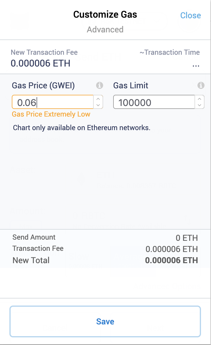 Customize Gas in Metamask before send transaction on Rootstock